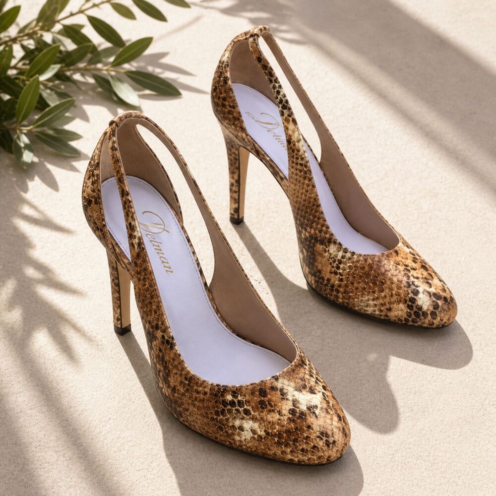 Delman Snakeskin Leather Cutout Pumps Brown Heels Size 8 Vintage Luxe